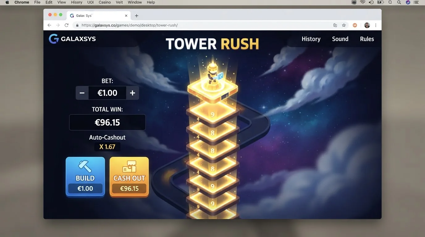 Offizielle Tower-Rush-Spieloberfläche mit Build- und Cash-out-Steuerung