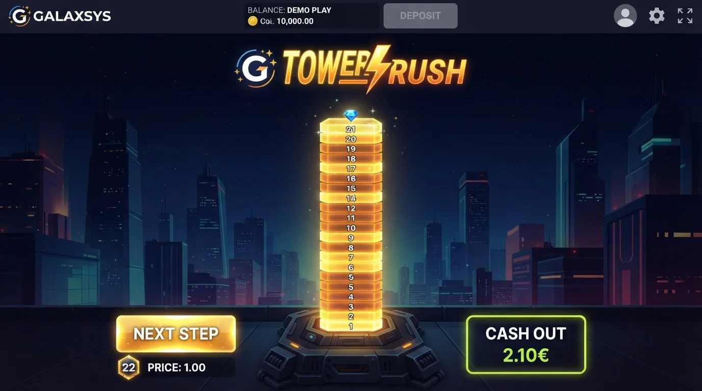 Offizielle Tower-Rush-Spieloberfläche mit Turm sowie Build- und Cash-out-Bedienung